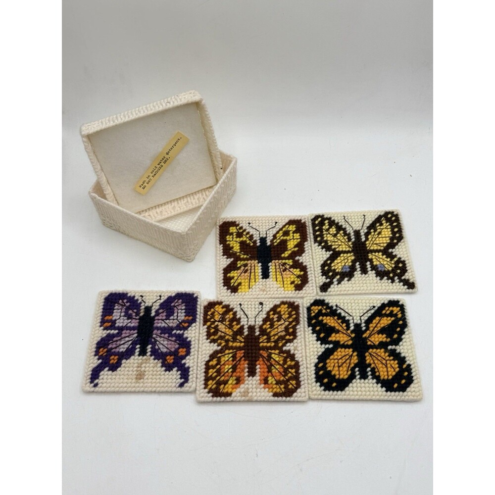 VTG 5 Butterfly Monarch + Handmade Plastic Canvas Coaster Sets w/ Basket Holder
